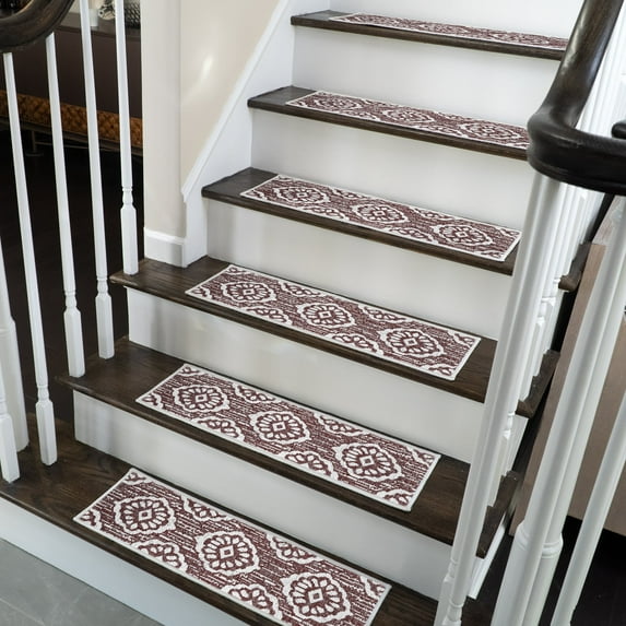 SussexHome Flower Design 9" X 28" Stair Treads - 70 % Cotton Anti-Slip Carpet Strips for Indoor Stairs-Easy to Install Stair Treads with Double Adhesive Tape-Safe, Extra-Grip, 13-Pack-Maroon