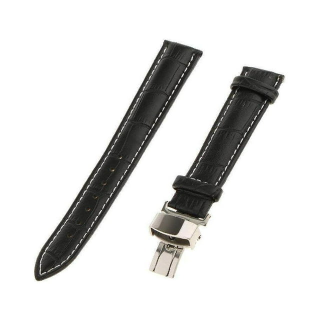 facefd Leather Watch Band Butterfly Deployment Clasp Buckle Black-18mm-White thread