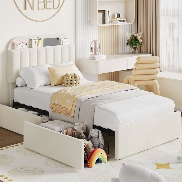 Bed Frame with 2 Flexible Drawers, Boucle Upholstered Platform Bed Frame with Bookcase Headboard, Twin Bed for Kids, Easy Assembly, No Box Spring Needed
