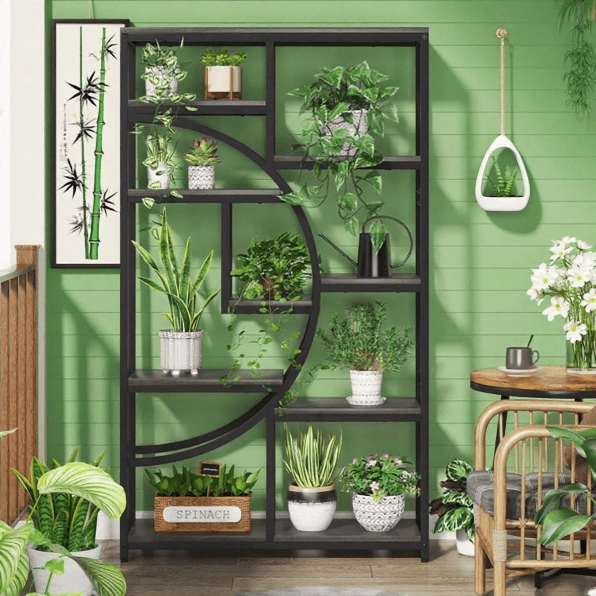 9-Tier Etagere Bookcase, Black Metal Frame with Rustic Gray Boards, Half-Moon Silhouette, Industrial Style for Living Room/Home Office