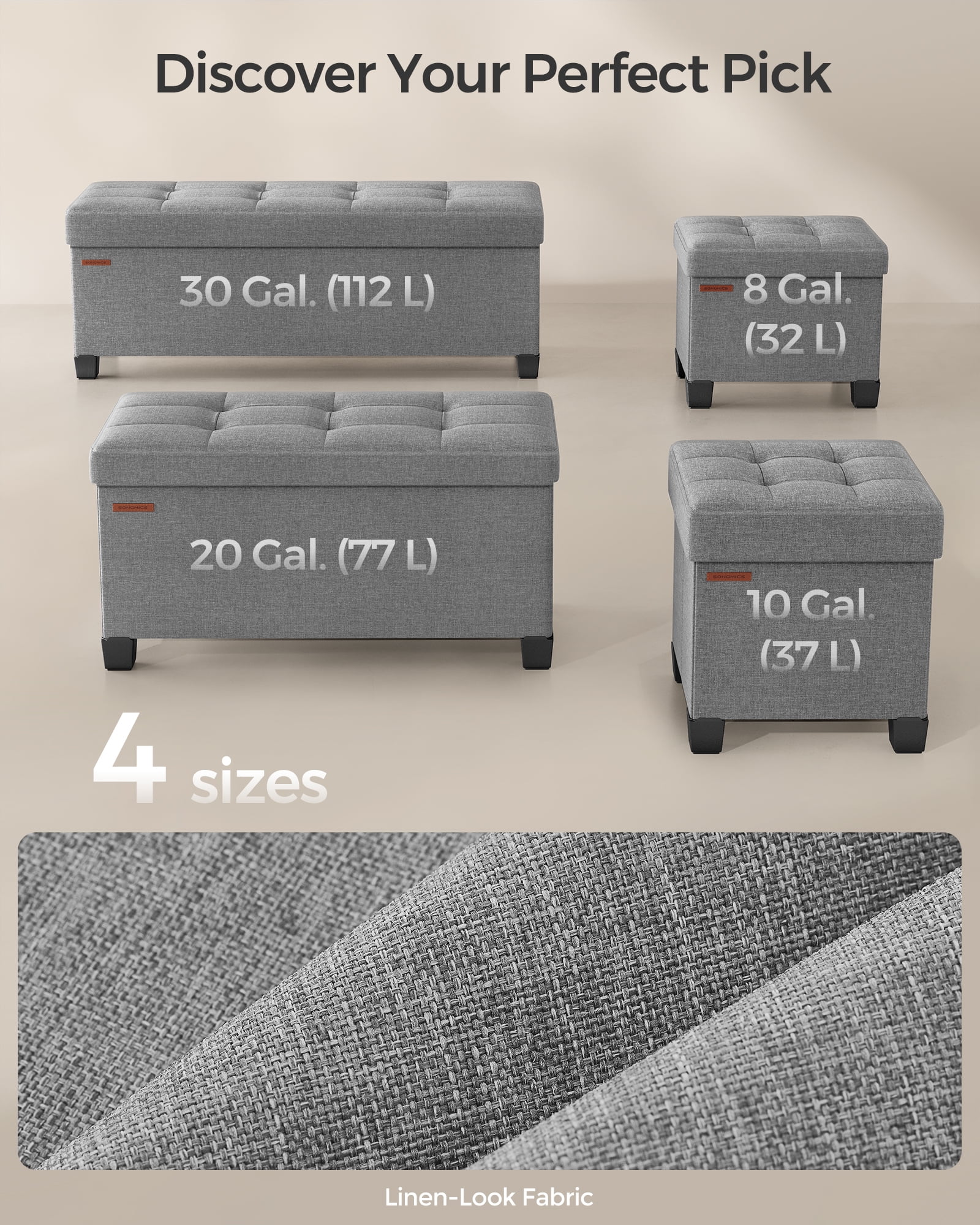 SONGMICS 43.3" Storage Ottoman Bench Ottoman with Storage Coffee Table Holds Up to 660 lb for Living Room Dove Gray