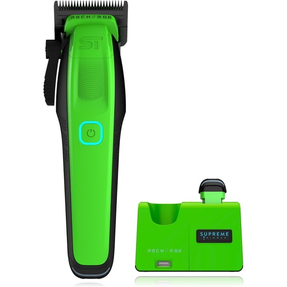 Supreme Trimmer Recharge Clipper - Professional Hair Clipper with 2 Removable Batteries, Brushless Motor, Smart Charge Stand, USB-C Charge & DLC Blades Barbers | STC779