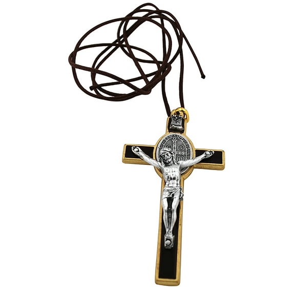 3" Gold-Tone St. Benedict Crucifix Pendant with Brown Enamel and Oval St. Benedict Medal