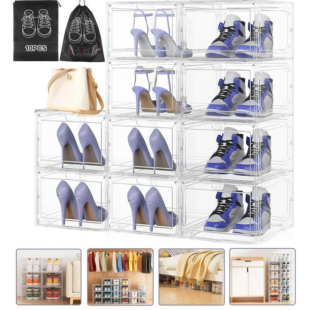 Zapatera Organizador 34x27x19cm - 6 Organizadores de Zapatos Apilable con Puerta Magnética, Cajas para Zapatos Transparentes + 6 Bolsas Portátiles, A Prueba de Polvo y Humedad