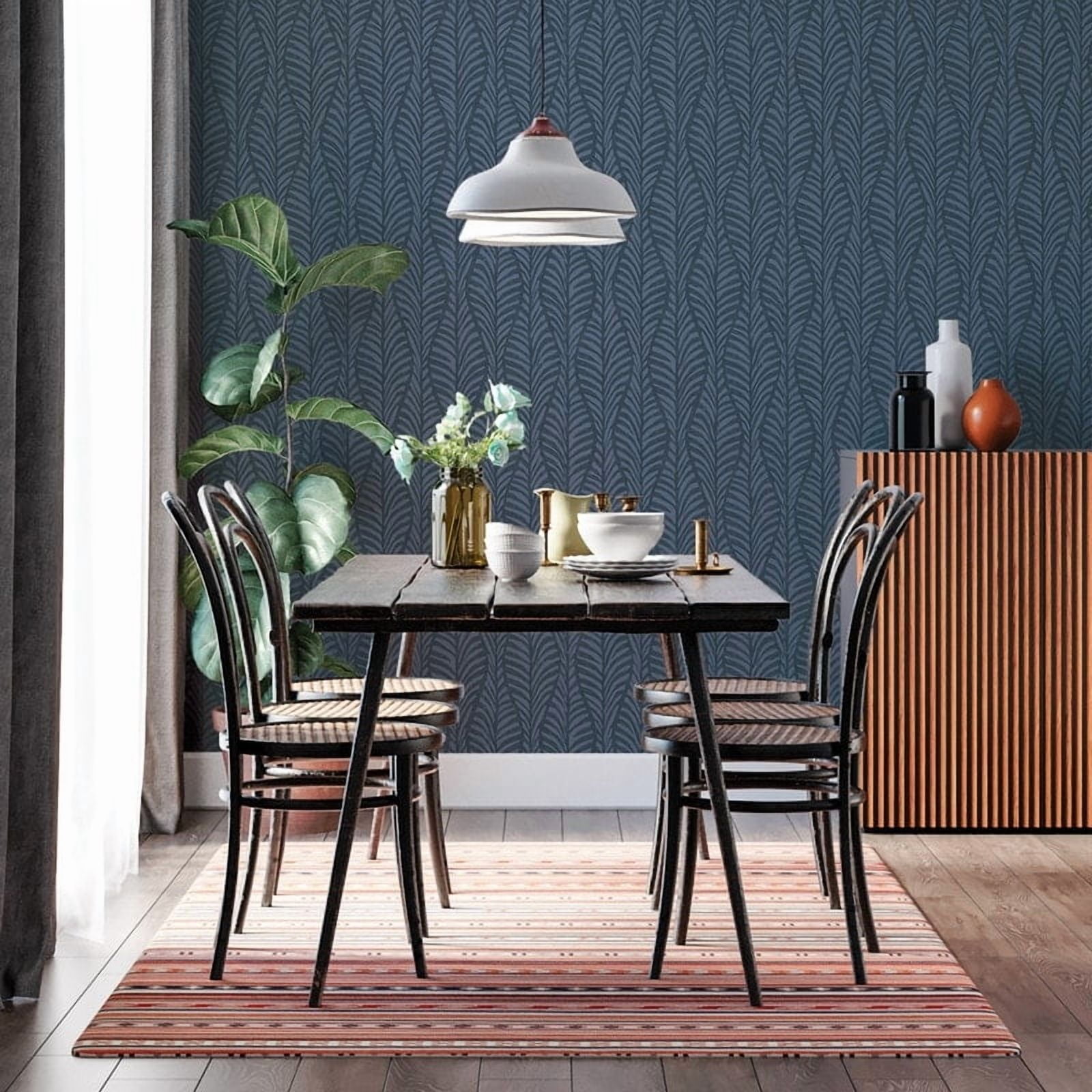 Tempaper Block Print Leaves Blue Peel and Stick Wallpaper, 20.5" x 16.5'