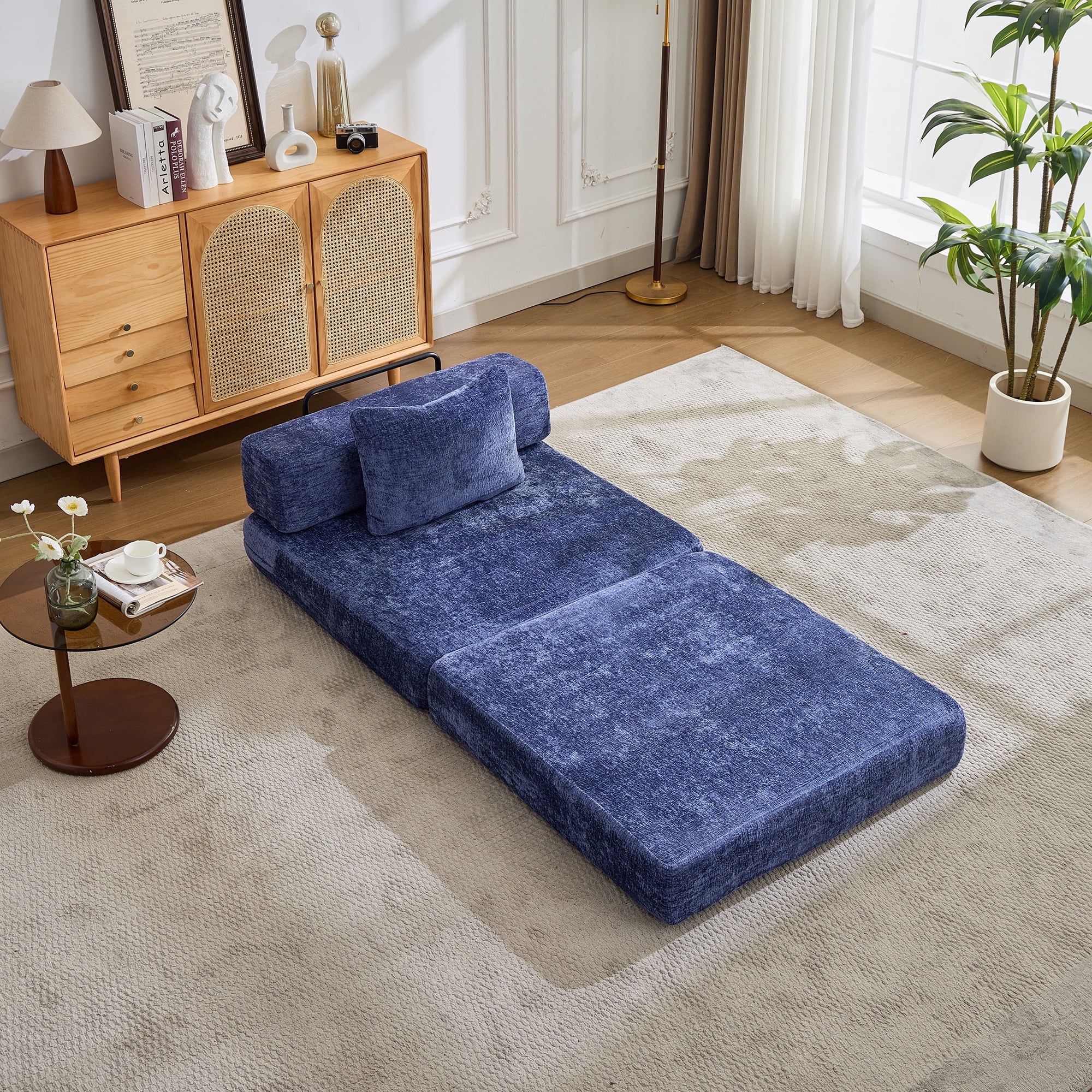 Miniyam Folding Sofa Bed, Convertible Sleeper Chair with Pillow Foldable Mattress with Back Support, Blue