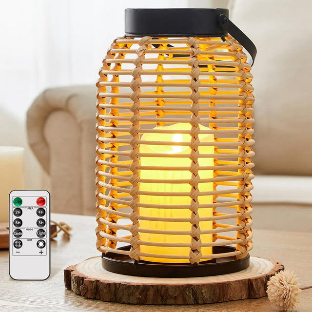 Natural Rattan Lantern, Large Boho Lantern Decor with Flickering LED Candle and Remote Control for Living Room Table Decor, Indoor and Outdoor Hanging Lantern for Patio Lawn Porch Garden Yard