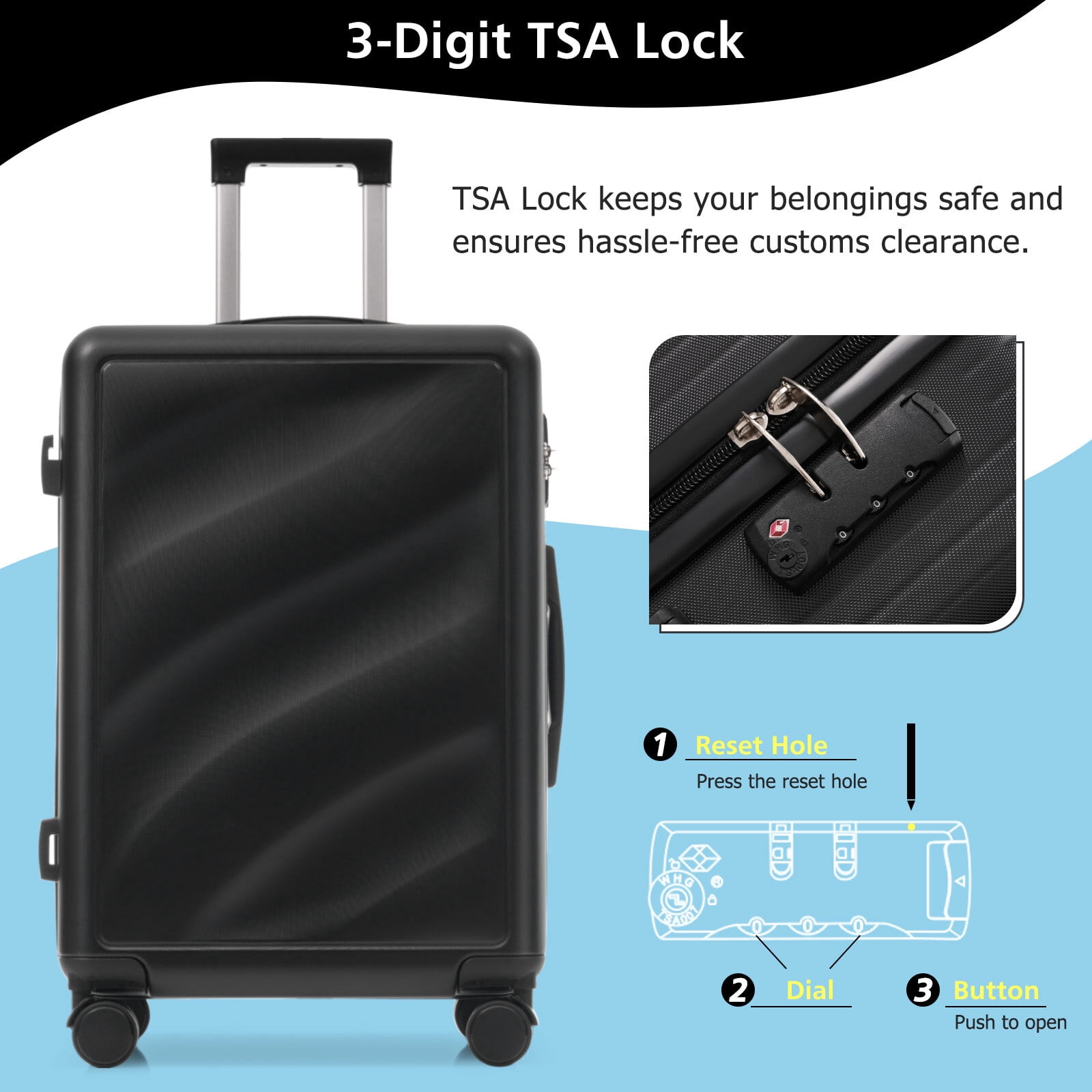 Euroco Luggage Set 3 Piece, ABS Hardside Suitcase with Spinner Wheels,TSA Lock and 2 Side Hooks,Lightweight Durable Travel Suitcase Set(20"/24"/28"),Black