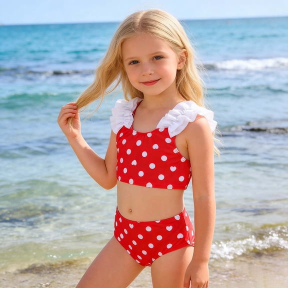 Swimsuit for Girls Wide Straps Ruffle Hem Sleeveless Heart Dot Print Tankini Vacation Hot Spring Baby Bathing Suit Girl Red 2 Years-3 Years