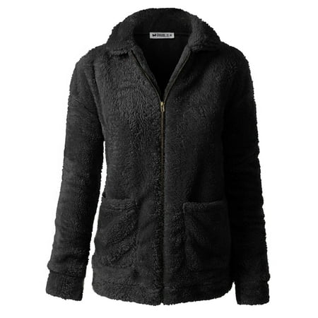 Doublju Women's Zip-Up Soft and Warm Sherpa Fur Jacket with Pocket (Plus Size Available)