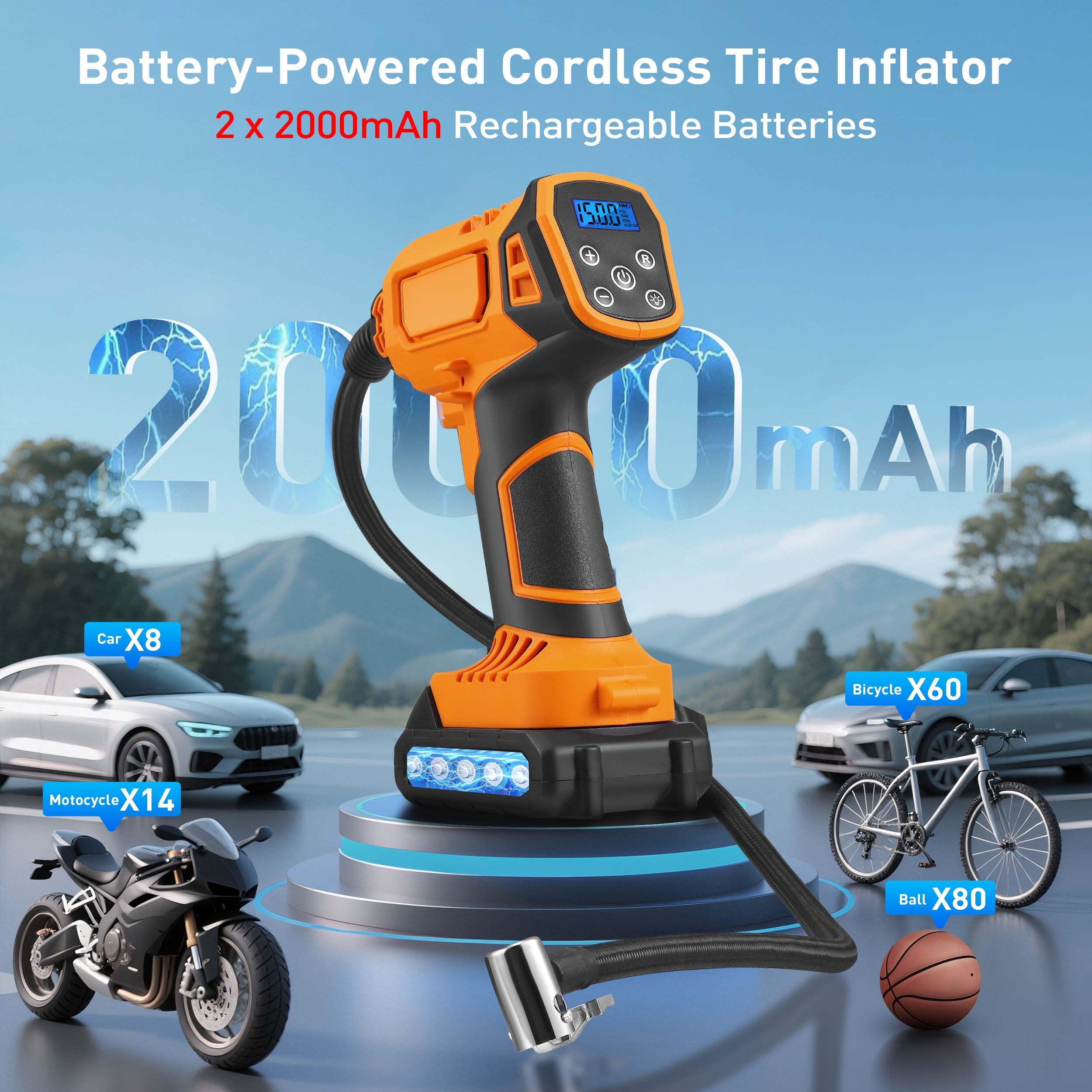 RELOIVE Tire Inflator Portable Air Compressor - 150 Psi Air Pump For Car Tires with Digital Pressure Gauge, LED Light and Auto Shut-Off Function - Cordless Pump for Car, Motorcycle, Bicycle, Balls