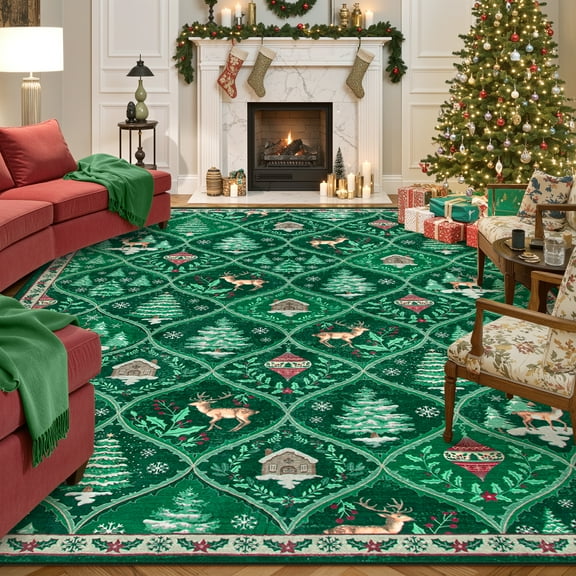 Moynesa 8'x10' Christmas Area Rug for Living Room,Green Large Rug Xmas Tree Modern Rug Kitchen Rug Washable Rug Non Slip Moroccan Carpet Holiday Decor Soft Accent Rug for Bedroom Dining Room