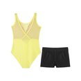 thumbnail image 4 of Moggemol Kids Girls Sheer Mesh Patchwork V-Back Dance Unitards Solid Color Sleeveless Bodysuit with Botty Shorts Set Yellow 16, 4 of 7