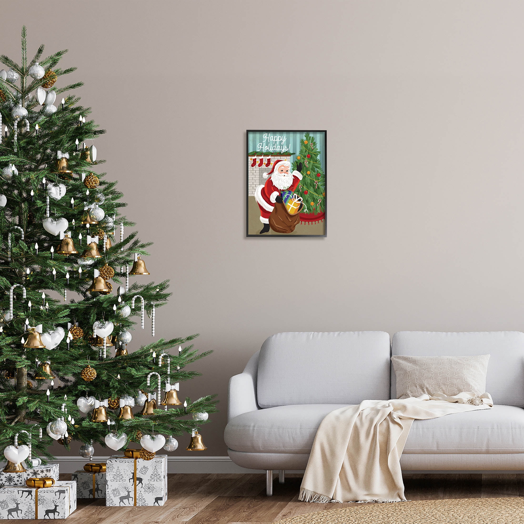 Happy Holidays Santa Gift Bag Holiday Graphic Art Black Framed Art Print Wall Art