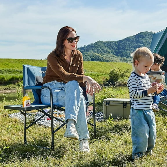 Directors Chair Camping Chairs for Adults with Side Table Folding Lawn Chairs for Adults, Directors Chairs Foldable for Outdoor Chairs for Beach, Travel, Heavy Duty Supports 300LBS, Blue/Grey