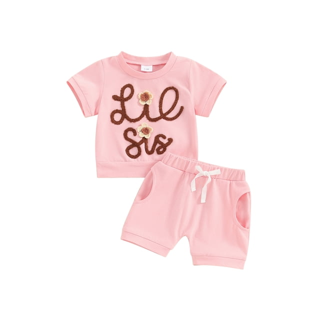 Gupgi Toddler Sister Matching Outfits Summer Baby Girls Short Sleeve Flower Embroidery T-Shirts Shorts 2PCS Set