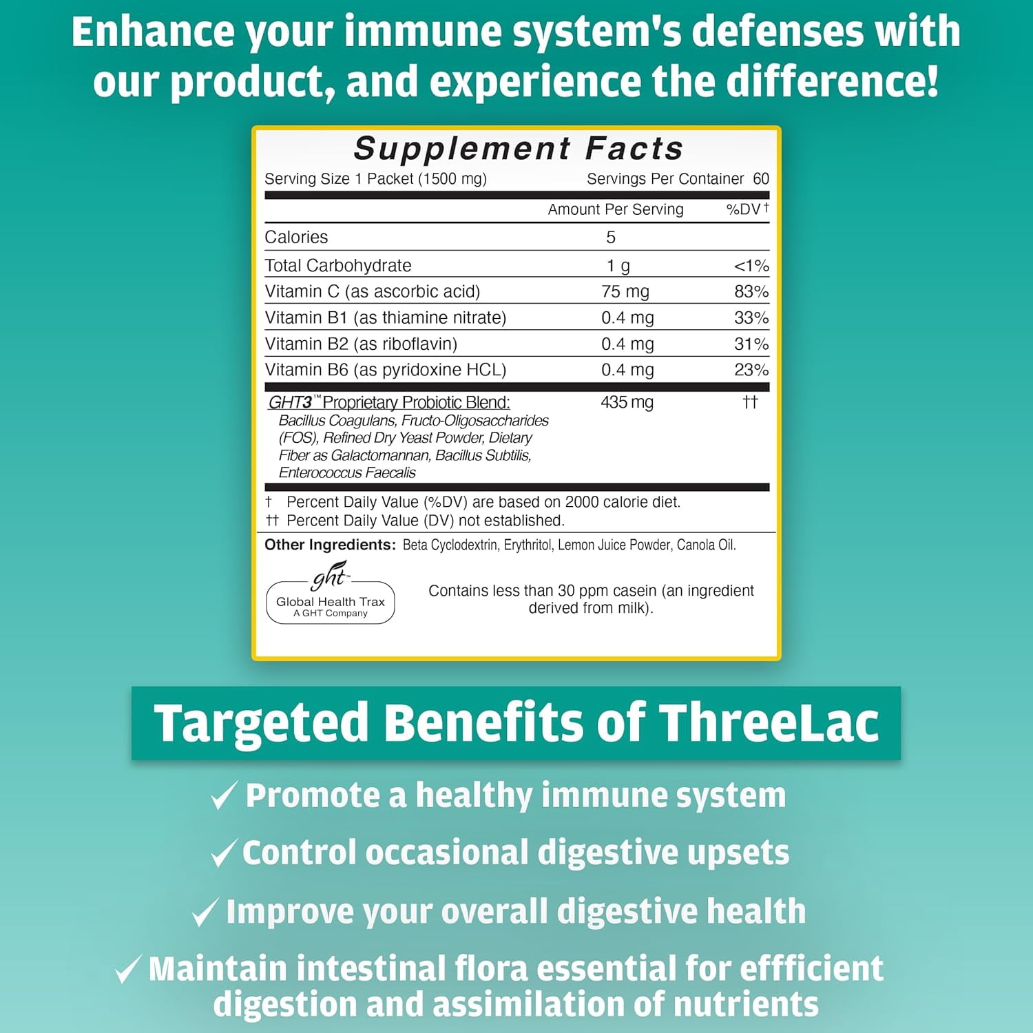Global Health Trax ThreeLac Probiotic Drink Mix, Daily Digestive Support, Lemon, 90g, 60 Packets