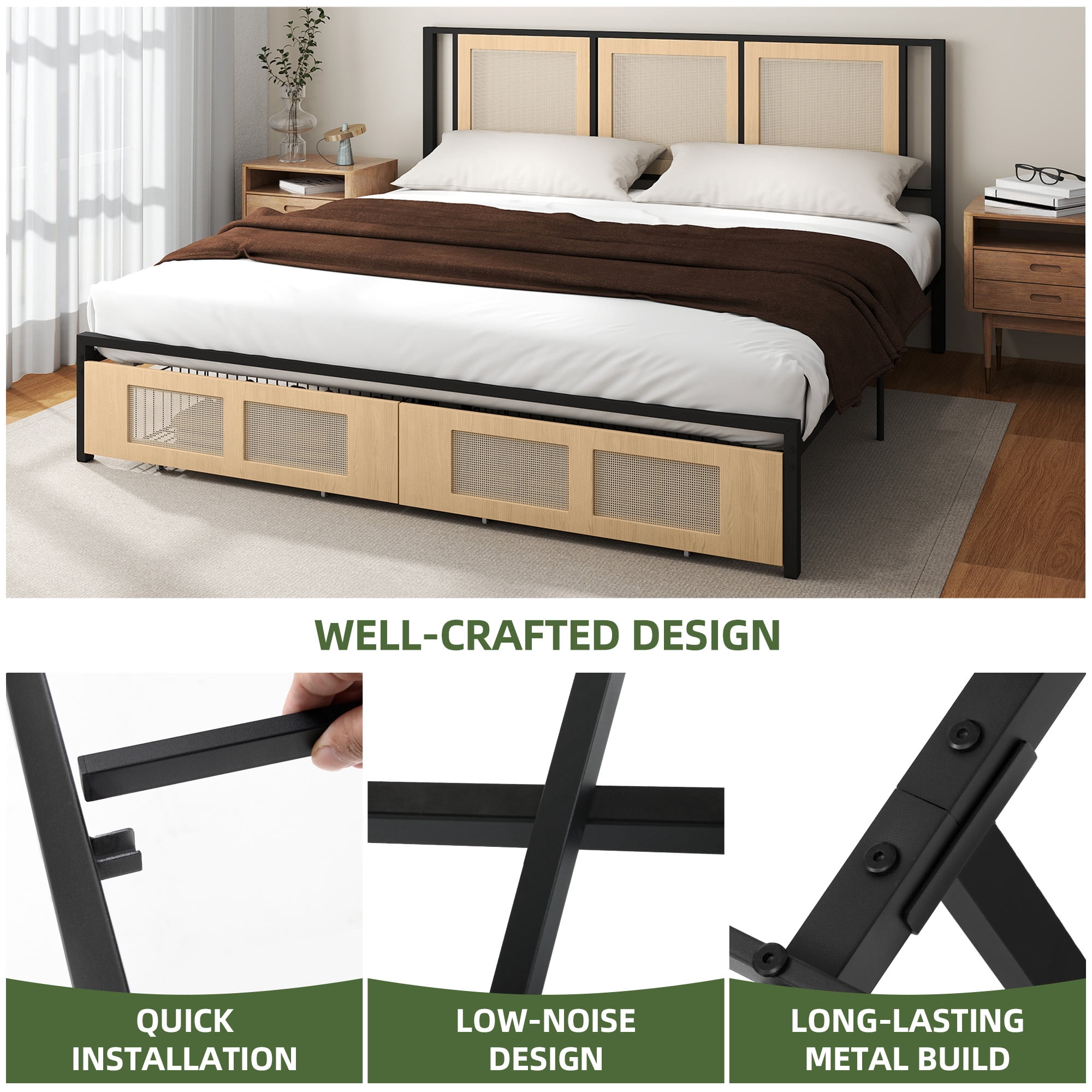 Uforic Boho King Size Bed Frame with Hand-Woven Rattan Design, Dual Storage Drawers, and Noise-Free Metal Slat Support, No Box Spring Required