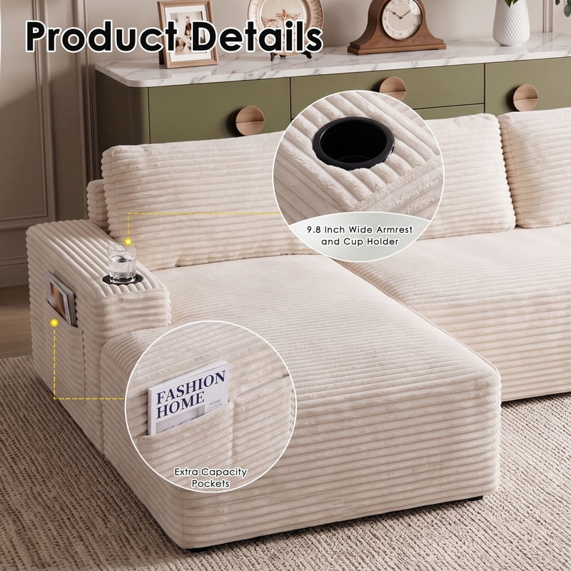 Anpport 104" Boneless Cloud Modular Sectional Couch, Corduroy Sofa with Cup Holders, Side Pockets, Deep Seat, No Assembly Required for Living Room, White (L‑Shaped, Left Facing Chaise)