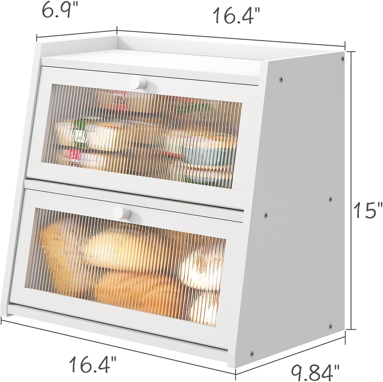 White Bread Box for Kitchen Counter, Large Bread Box With Cutting Board, Bamboo Wood Large Capacity Bread Storage Bin with Acrylic Wavy Door Panel