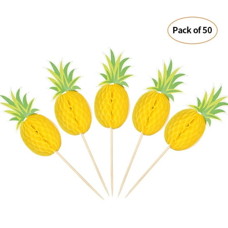 - 50pcs 3D Cartoon Fruit Food Toothpicks Cupcake Topper Cake Picks Decorations for Hawaii Luau Beach Wedding Birthday Pool Party--Pineapple