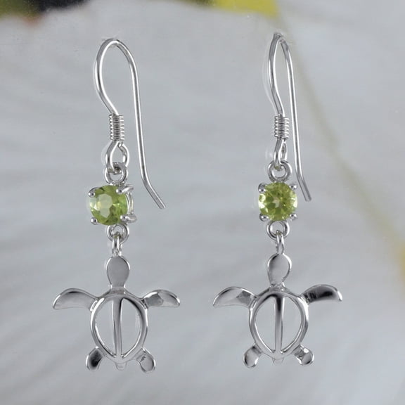 Beautiful Hawaiian Genuine Peridot Sea Turtle Earring, Sterling Silver Turtle Dangle Earring, E8909 Birthday Wife Mom Valentine Gift
