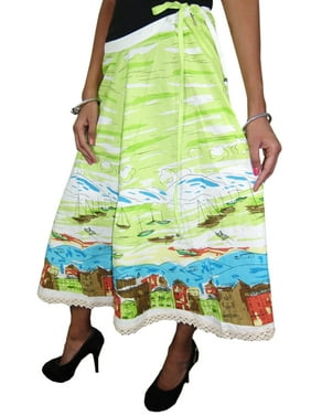 Mogul Women's Boho Long Skirt Cotton Printed Green Flared Hippie Beach Wear Summer Fashion Skirts