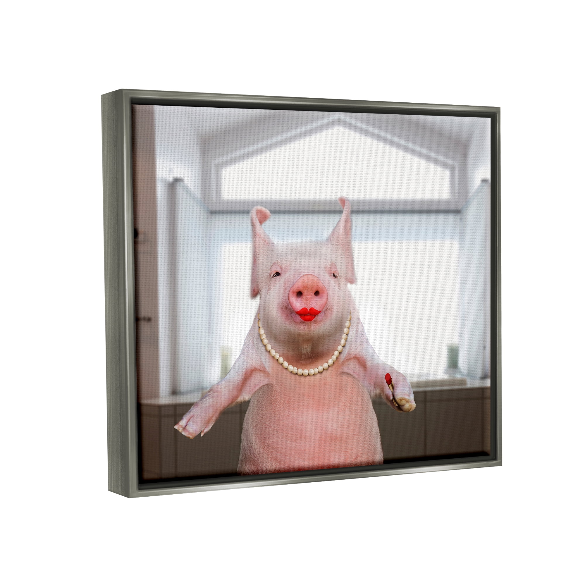Stupell Industries Glam Pig in Lipstick Animals & Insects Painting Gray Floater Framed Art Print Wall Art, 21 x 17