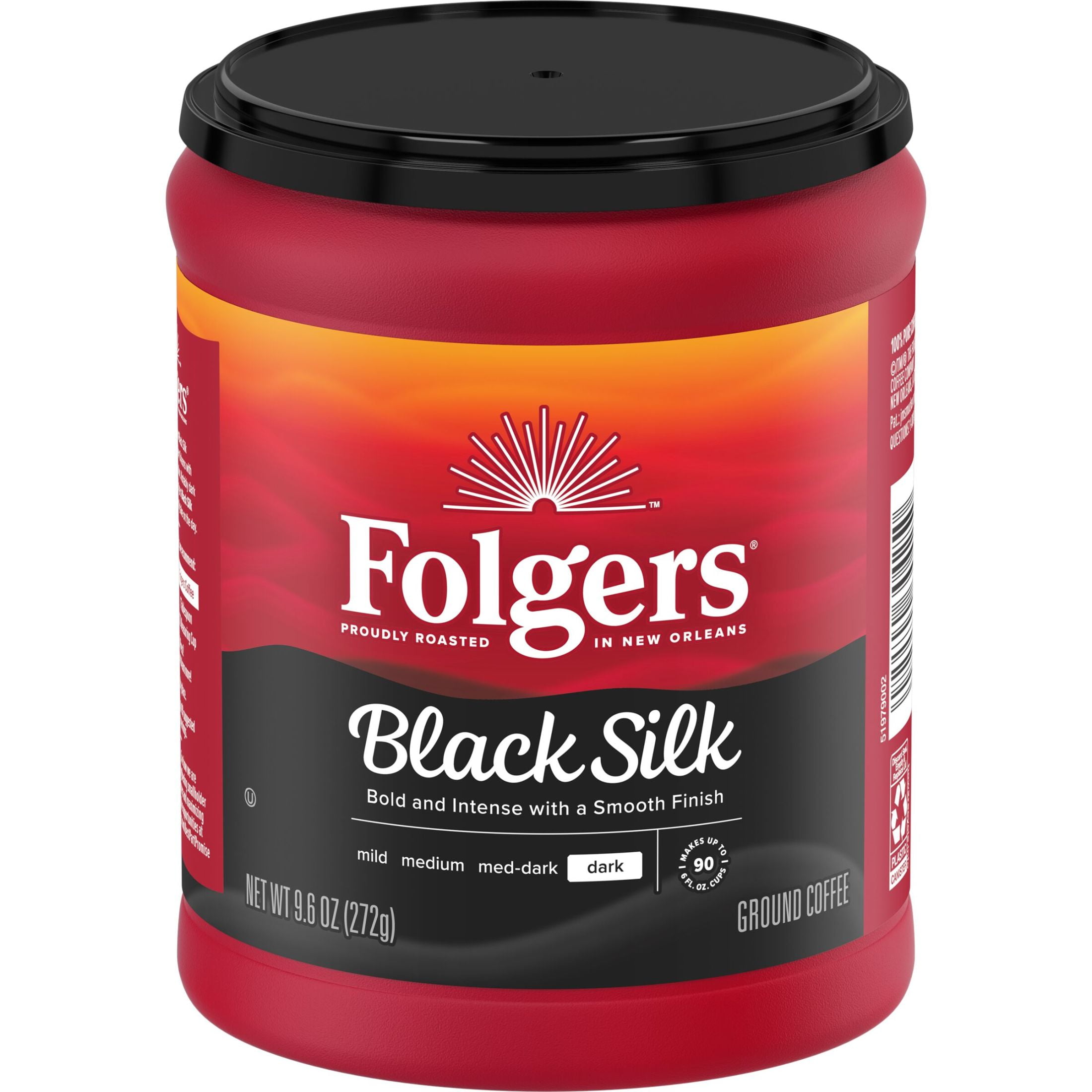 (6 pack) Folgers Black Silk Ground Coffee, Smooth Dark Roast Coffee, 9.6 oz Canister