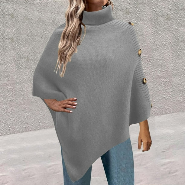 Suéter de cuello alto de moda de otoño para mujer, suéter de cuello alto con botones irregulares de manga larga, suéter informal, blusa, suéter para mujer