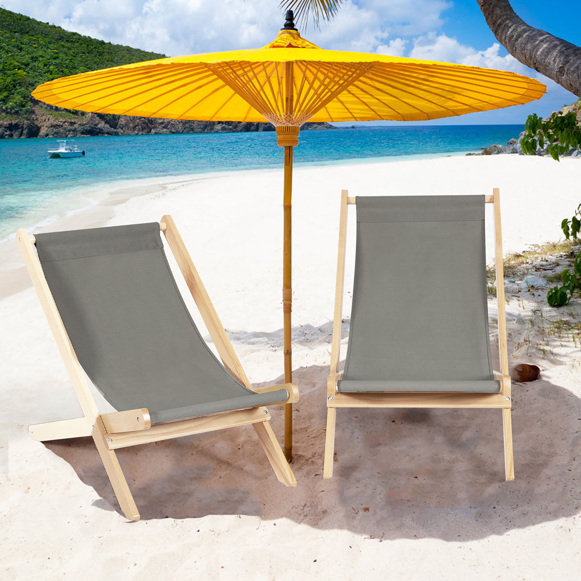 Costway Foldable Wood Beach Sling Chair 3-Position Adjustable Beech Chair w/Free Cushion - image 2 of 9