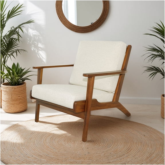 JERFIT Mid-Century Modern Lounge Chair, Cream Linen Upholstered Accent Chair with Solid Wood Legs for Living Room, Bedroom