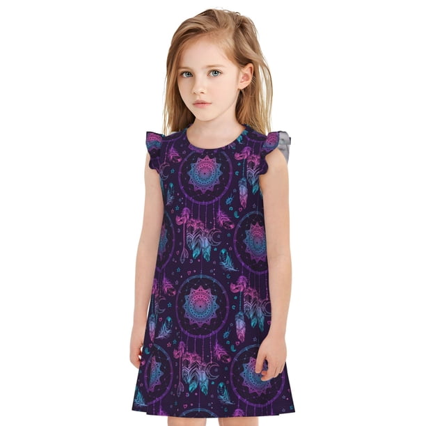 Balery Purple Dreamcatcher1 Camisón de princesa para niñas, pijama de algodón con mangas abullonadas, suave y bonito.-Medium