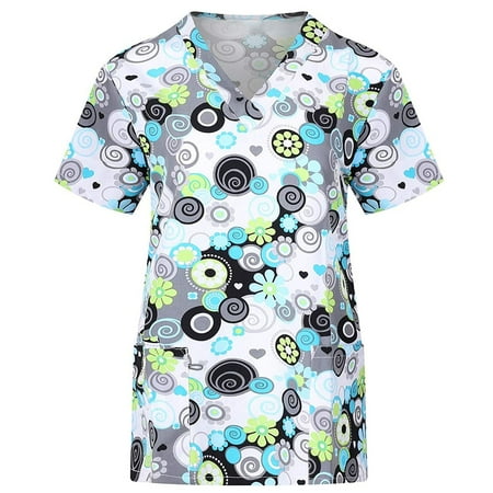 

Auroural women tops summer Women Short Sleeve V-neck Tops With Pockets Working Uniform Workwear Top