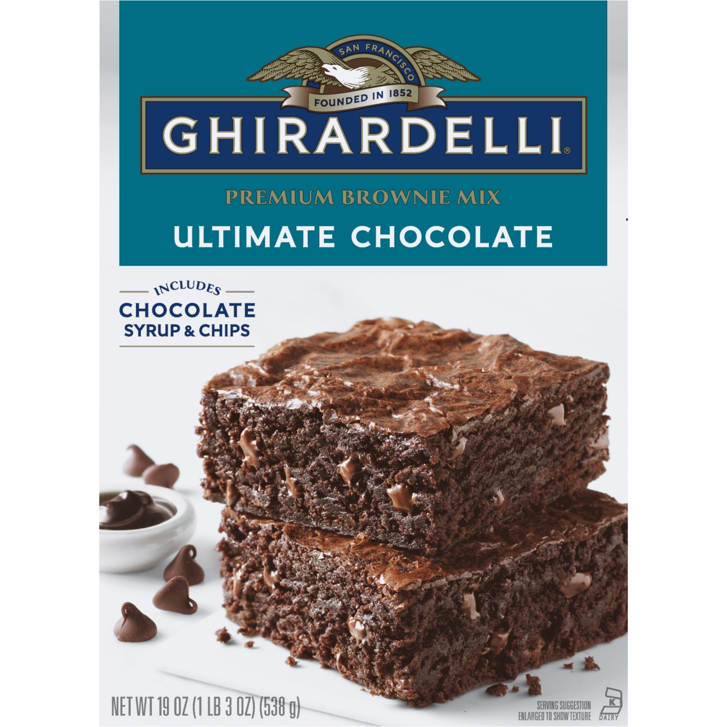 Ghirardelli Ultimate Chocolate Premium Brownie Mix, Includes Chocolate Syrup and Chips, 19 oz Box