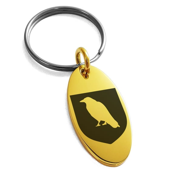 Stainless Steel Raven Bringer of Death Coat of Arms Shield Engraved Small Oval Charm Keychain Keyring