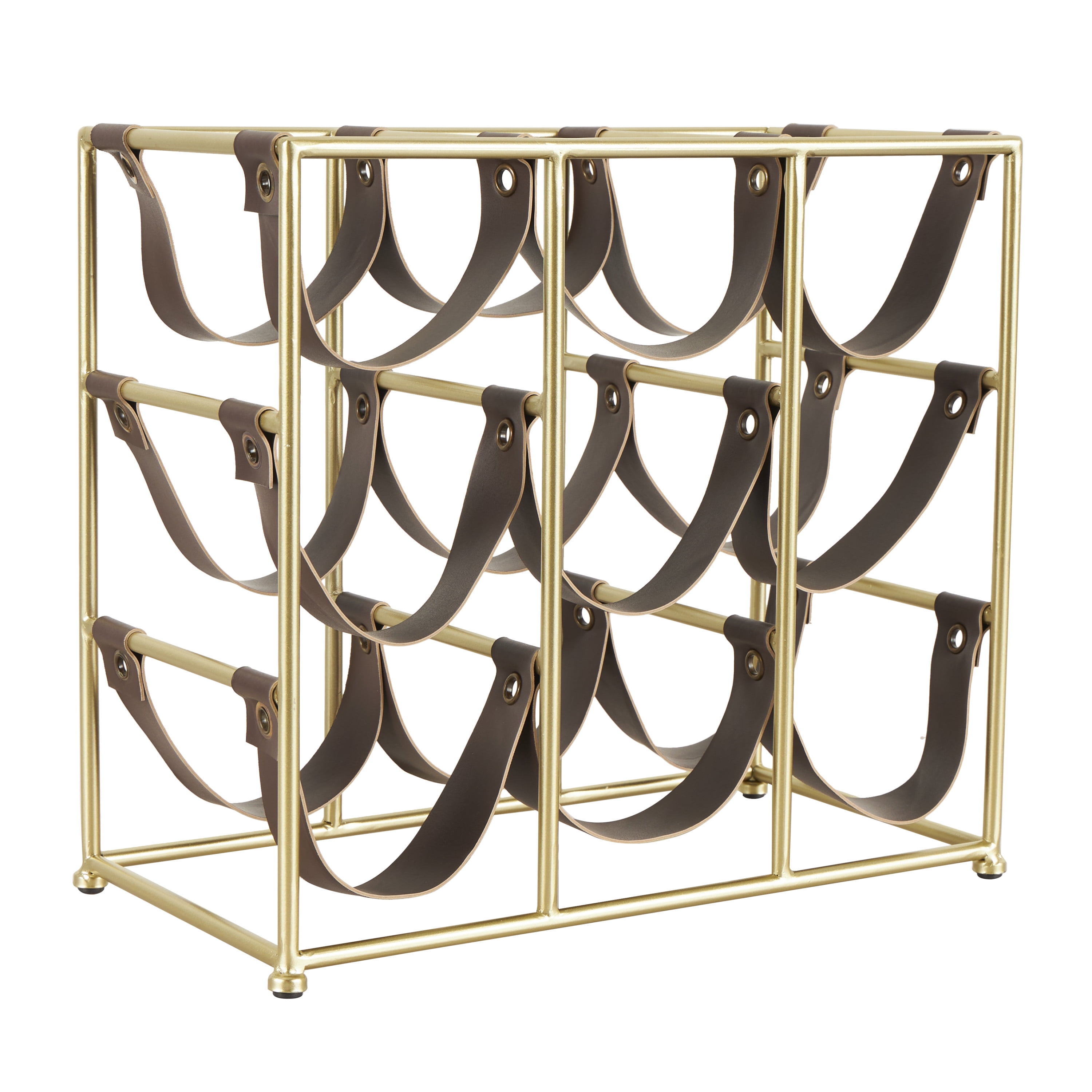 DecMode 14" x 13" Gold Metal Wine Rack with Faux Leather Holding Straps, 1-Piece