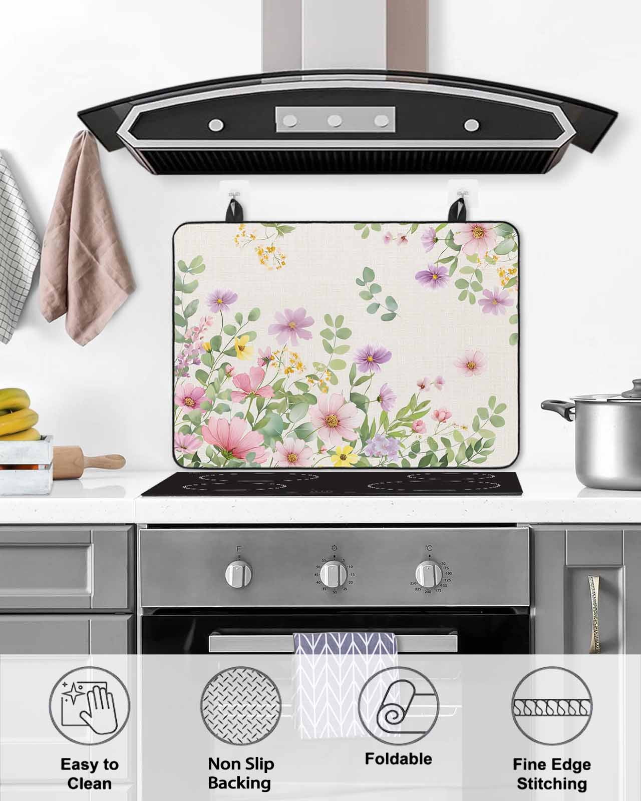 Large Induction Cooktop Protector Mat Pink Purple Flower Stove Top Covers for Electric Stove, Spring Farmhouse Country Floral Leaf Decorative Stove Burner Cover Mats, Glass Top Stove Cover