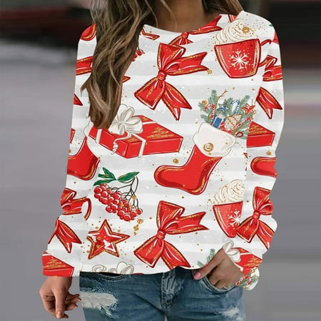 

jsaierl Womens Sweatshirt Christmas Printed Sweatshirt Round Neck Long Sleeve Cute Tops for Women Xmas Gifts Sweatshirts for Party