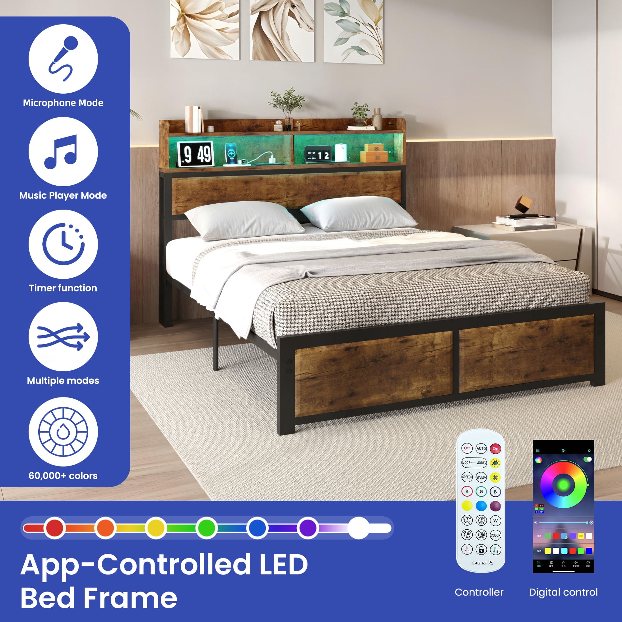 Uforic Full Size Bed Frame, LED Bed Frame with Storage Headboard, Platform Bed with Outlet & USB Ports, Easy Assembly, Rustic Brown