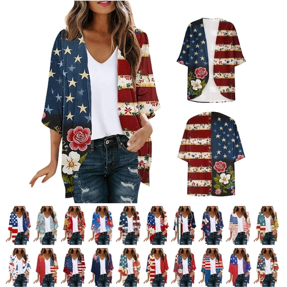 NSLGXD 4th of July Cardigan for Women 3/4 Sleeve Patriotic Kimono Butterfly Star Striped Lightweight Open-Front Tops S-3XL