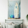 thumbnail image 4 of Nautical Tapestry, Sea Objects on Wooden Backdrop with Vintage Boat Starfish Shell Fishing Net Photo, Wall Hanging for Bedroom Living Room Dorm Decor, 60W X 80L Inches, Blue White, by Ambesonne, 4 of 5