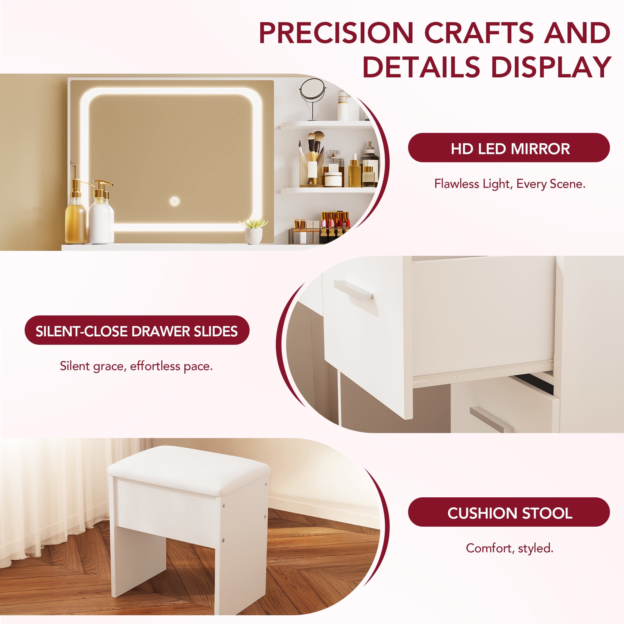 LIVELYGLOW Vanity Desk with Smart LED Mirror & Stool, Makeup Vanity Set with Adjustable Lighting, Built-in Power Outlet, Large Storage Drawer, Modern Minimalist Dressing Table for Bedroom,White