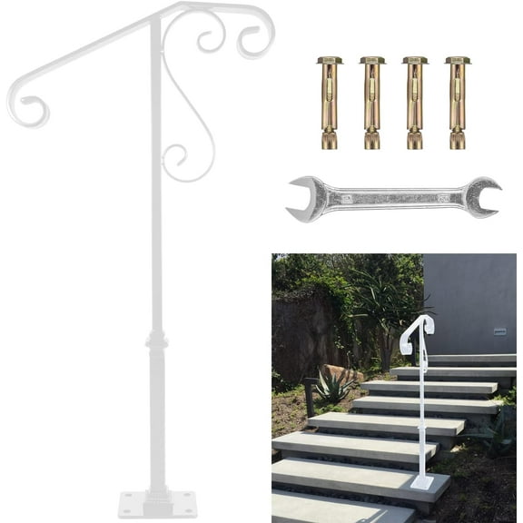 Single Post Handrail, Wrought Iron Stair Handrail Fits 1 or 2 Steps, White