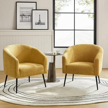 Boucle Accent Chair Barrel Chair Set of 2 Metal Legs Upholstered Chenille Lounge Single Sofa Bedroom Living Room Yellow