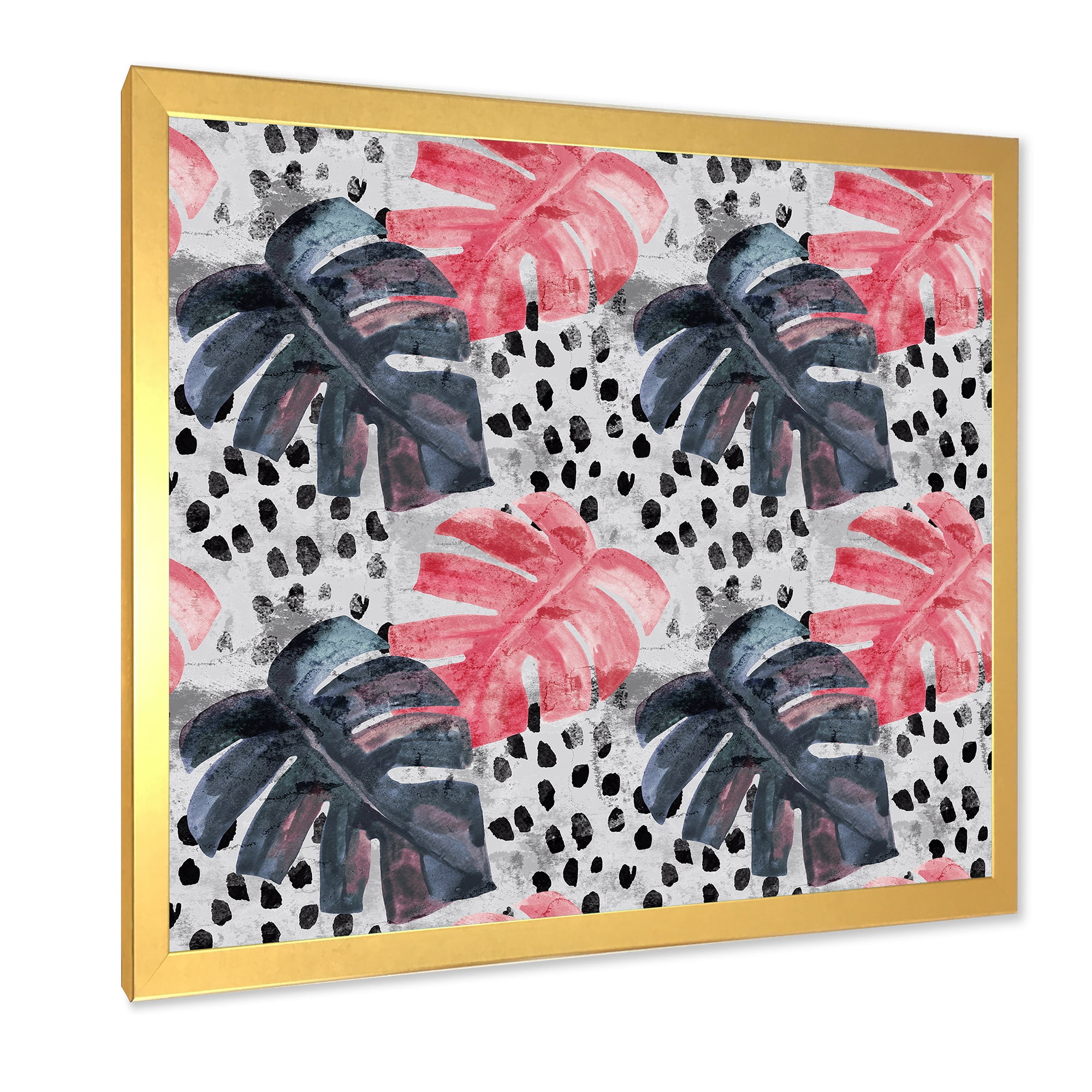 Designart 'Black and Red Monstera On Rough Brush Strokes I' Tropical Framed Art Print