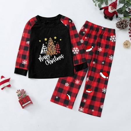 

ERTUTUYI Family Matching Christmas Pajamas Set Plaid Long Sleeves Cute Pattern Printing Festival For Kids Parent Child Outfit Black 110