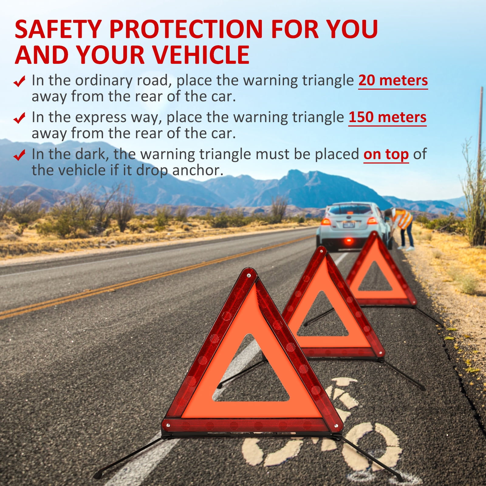 KKSQ Safety Triangles, Emergency Reflectors - Roadside Kit, 3-Pack with Anti-Slip Base, Foldable for Car, Truck, Motorcycle