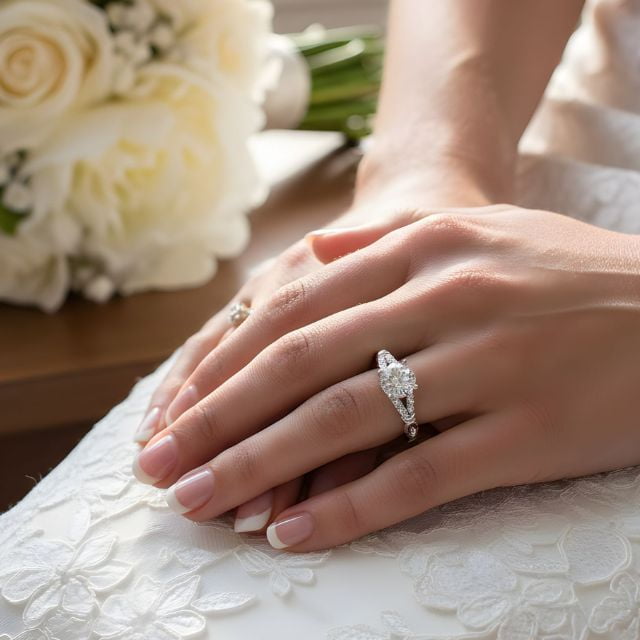 Mauli Jewels 0.75 Carat Halo Diamond Bridal Set Engagement Ring for Women, 10K White Gold 4-Prong Wedding Ring with Matching Band