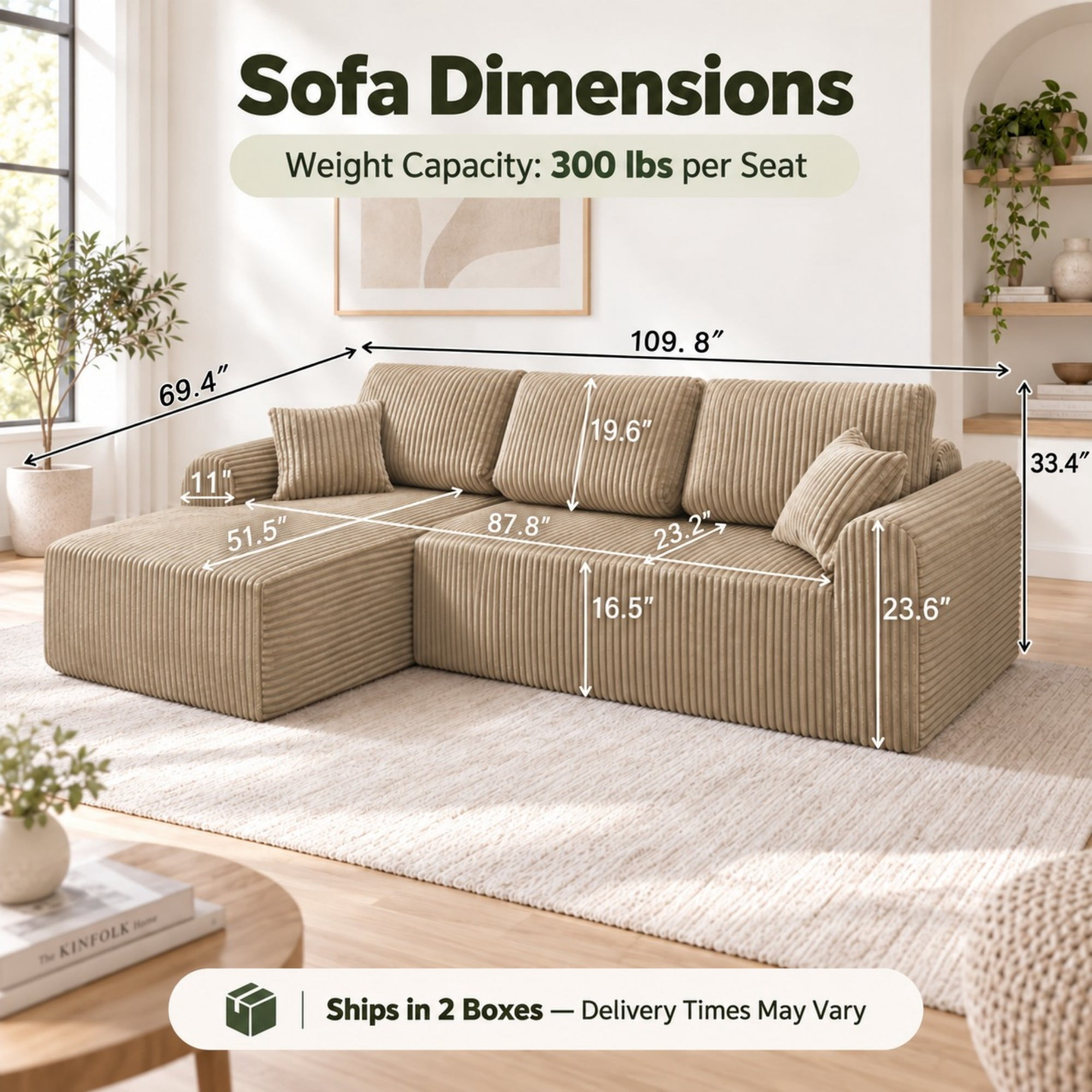DEALTOPS 109" Corduroy L-Shape Floor Cloud Couch, Deep Seat Modular Sectional Sofa, Left Chaise, Dark Beige